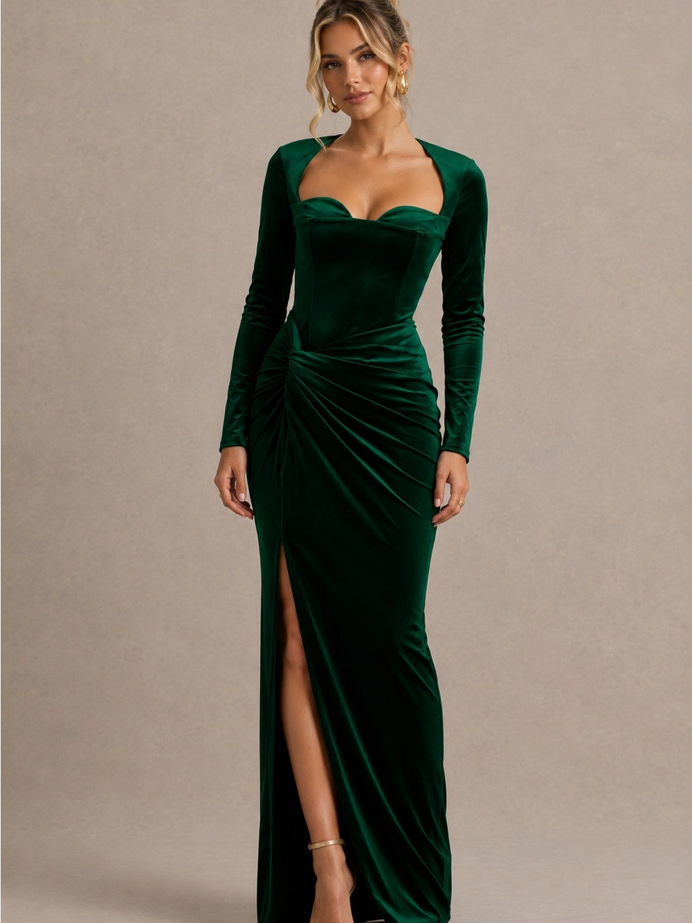 Emerald Velvet Long-Sleeve Ruched Column Gown